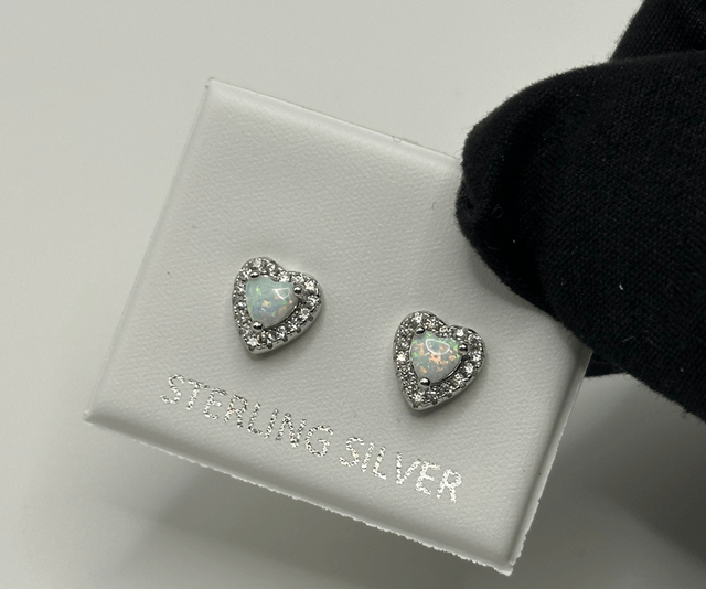 CZ White Opal Heart Earrings