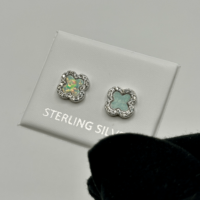 CZ White Opal Clover Earrings