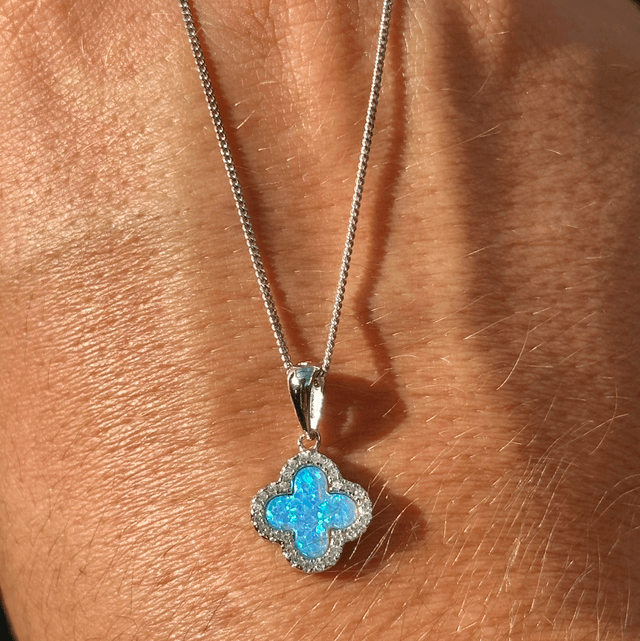 CZ & Blue Opal Clover Necklace
